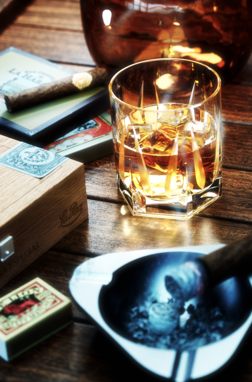 Whisky & Zigarren Stillleben 3D Visualisierung